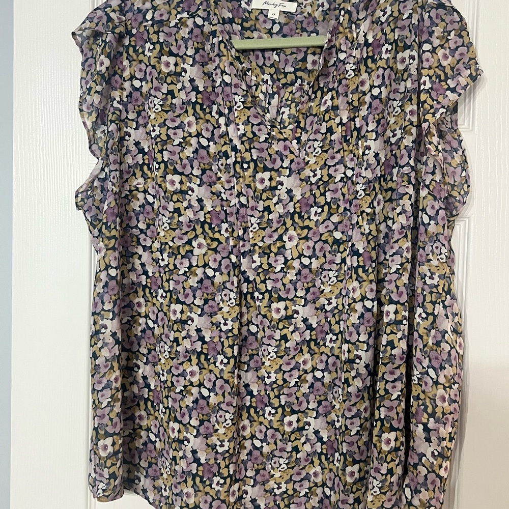 Monday Fun Split Neck Floral Flutter Sleeve Top - Lavender and Blues - Picture 4 of 8